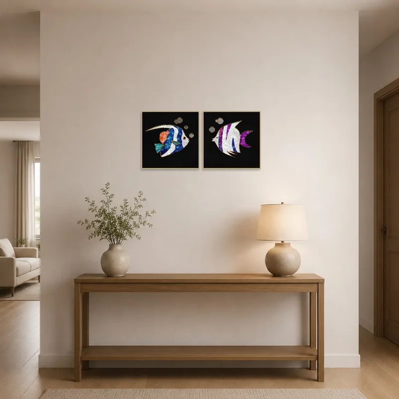 Eye-catching fish duo artwork greeting visitors in a bright entrance hallway.