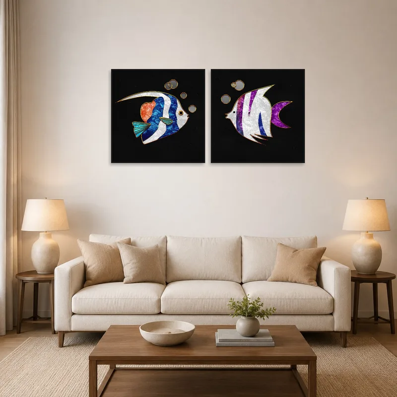 Vibrant abstract fish duo artwork displayed above a modern sofa in a cozy living room.