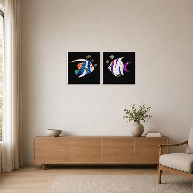 Bold abstract fish duo artwork enhancing a spacious minimalist room with clean lines.