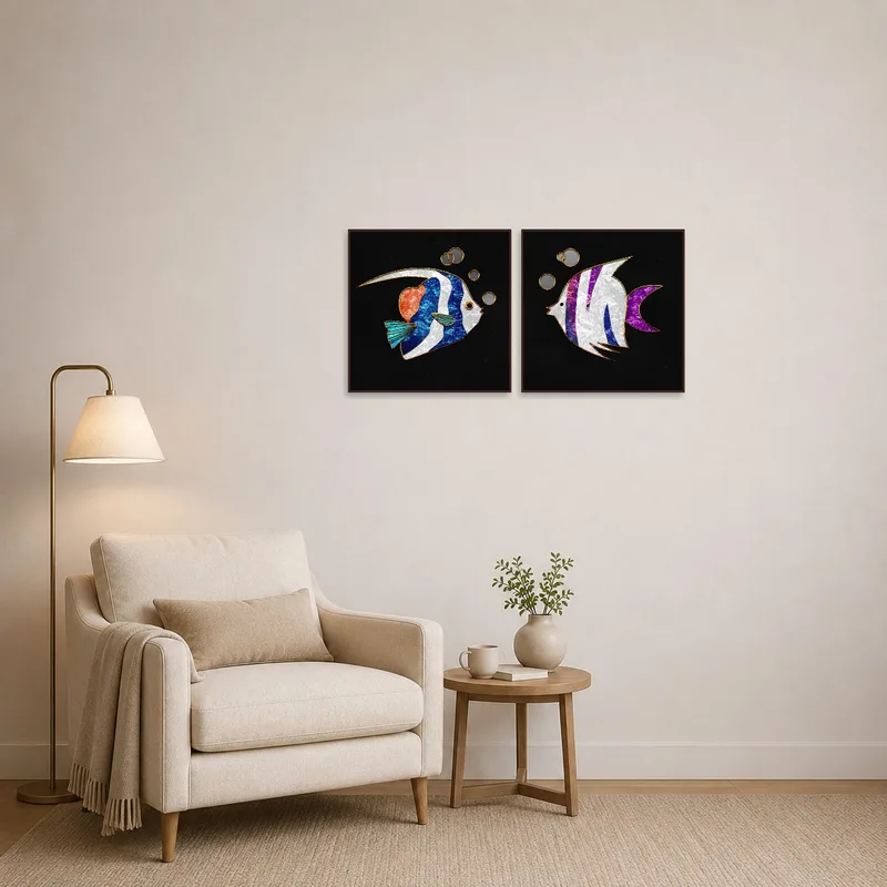 Colorful abstract fish duo artwork bringing life to a cozy reading corner.