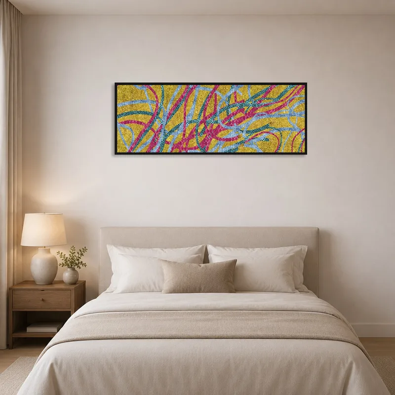 Vibrant lines artwork brings a dynamic touch to the bedroom ambiance.