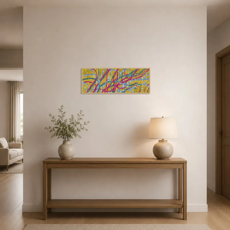 Entrance hall features a bold artwork with vibrant, swirling lines.