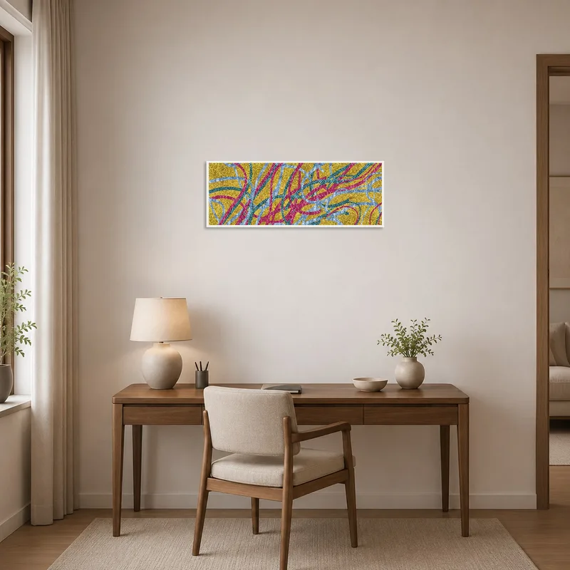 Home office enhanced with vibrant abstract lines for a lively workspace.