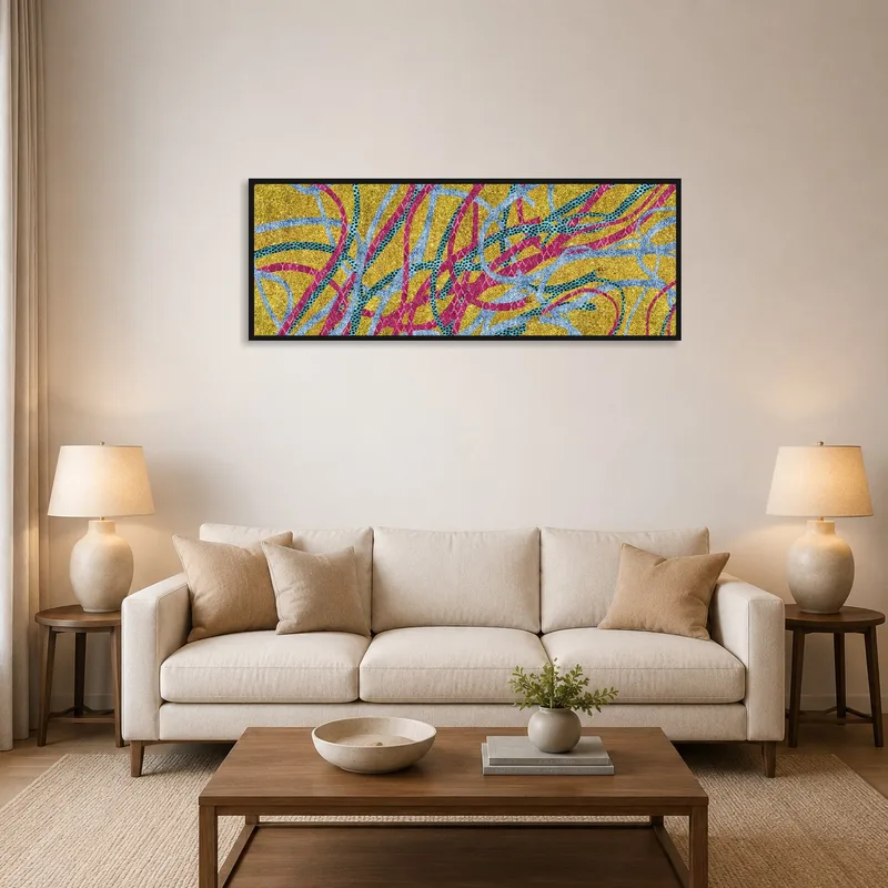 Abstract print with vibrant interwoven lines adds energy to the living room wall.