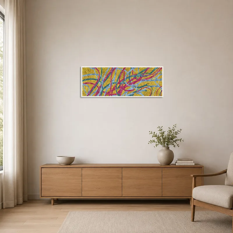 Minimalist space highlights the striking abstract print of interwoven lines.