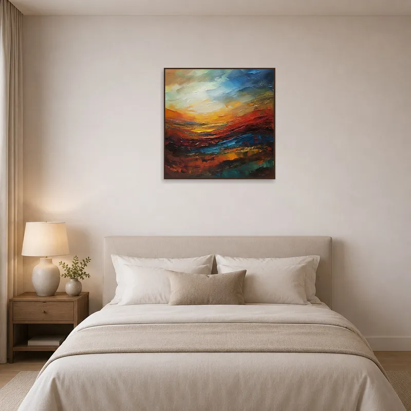 Bold landscape piece infusing the bedroom with vibrant energy and color.