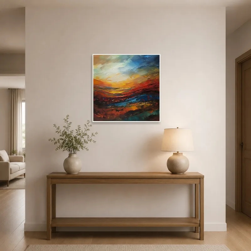 Bold abstract landscape gracing the entrance hall, welcoming guests with vivid hues.