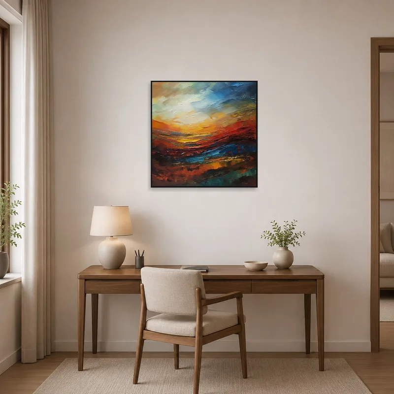 Abstract landscape art uplifting a productive home office space.
