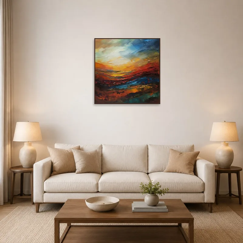 Abstract landscape artwork with vibrant hues above a stylish sofa in a cozy living room.