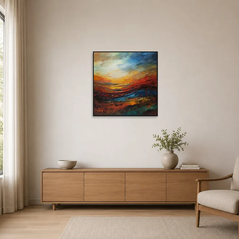 Vibrant landscape art adding a splash of color to a minimalist and sleek room.