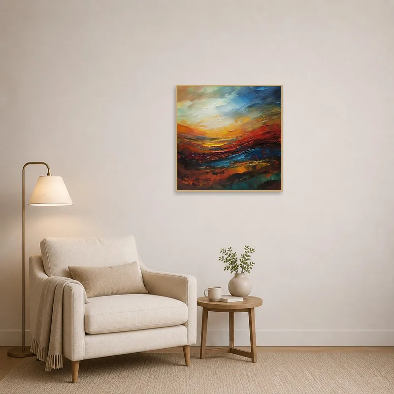Vivid abstract landscape brightening up a cozy reading corner.