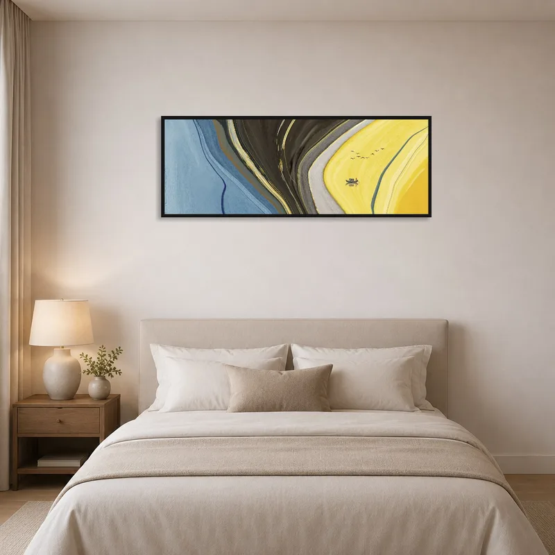 Bedroom adorned with a vibrant abstract landscape featuring a boat and birds.
