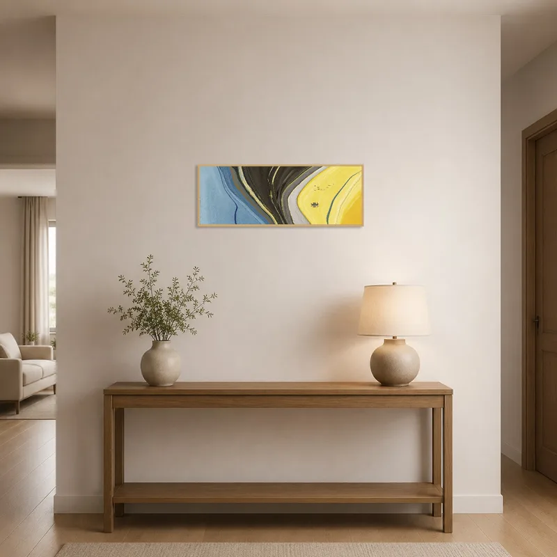 Entrance hall with an abstract landscape artwork of a boat and birds.