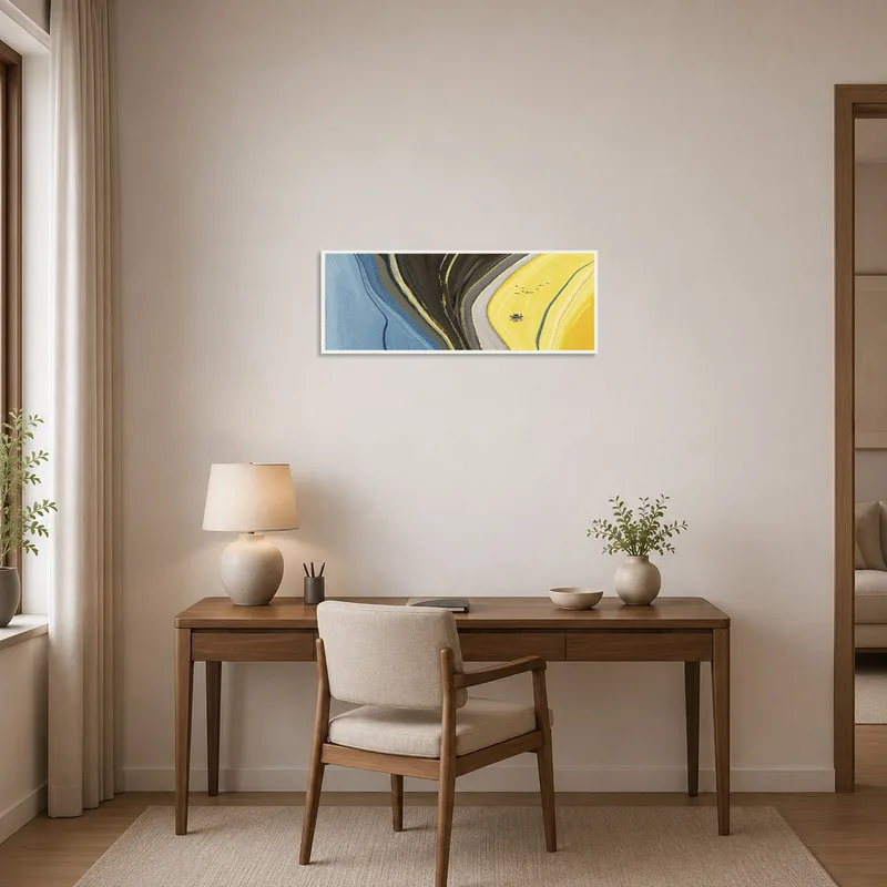 Home office displaying an energetic abstract landscape with boat and birds.