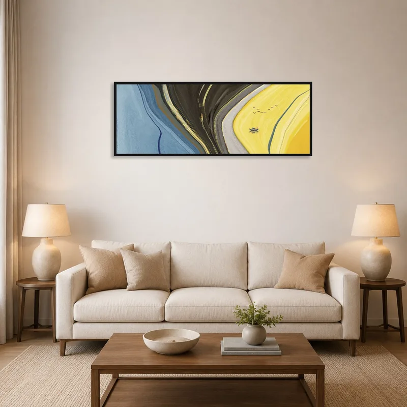 Vibrant abstract landscape with boat and birds in a living room setting.