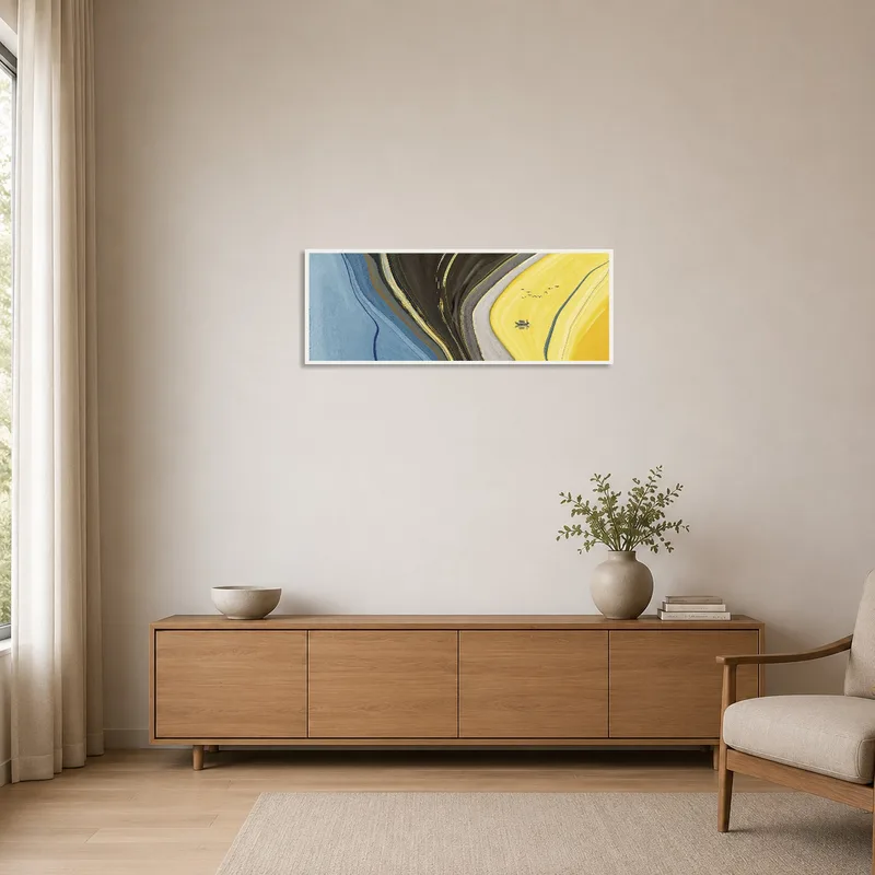 Minimalist setting featuring a colorful abstract landscape with boat and birds.