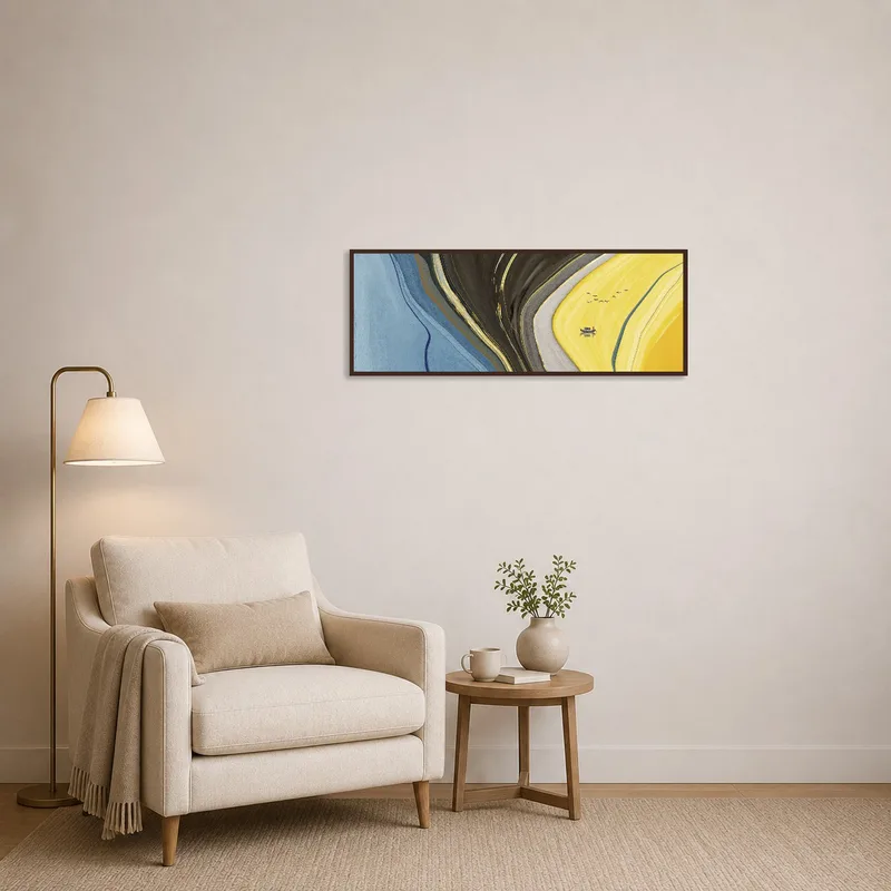 Reading corner showcasing a lively abstract landscape with boat and birds.