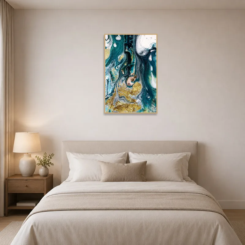 Fluid art with ocean hues bringing a serene vibe to a bedroom wall.