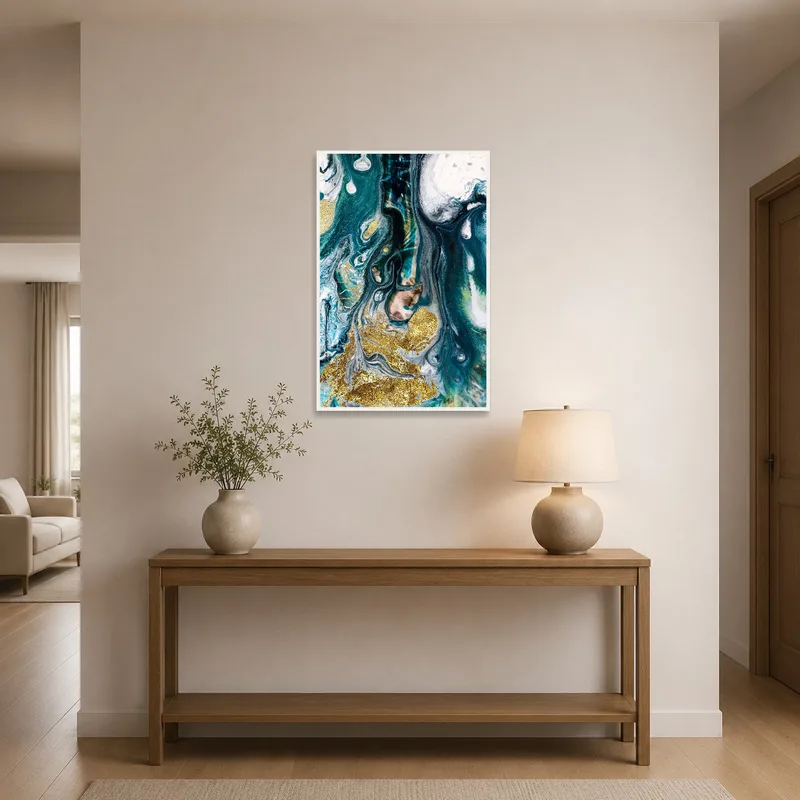 Colorful ocean-themed fluid art infusing life into an entrance hall.