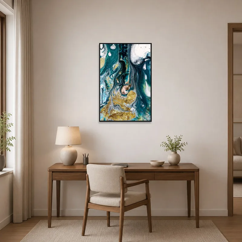 Ocean-inspired fluid art energizing a creative home office space.