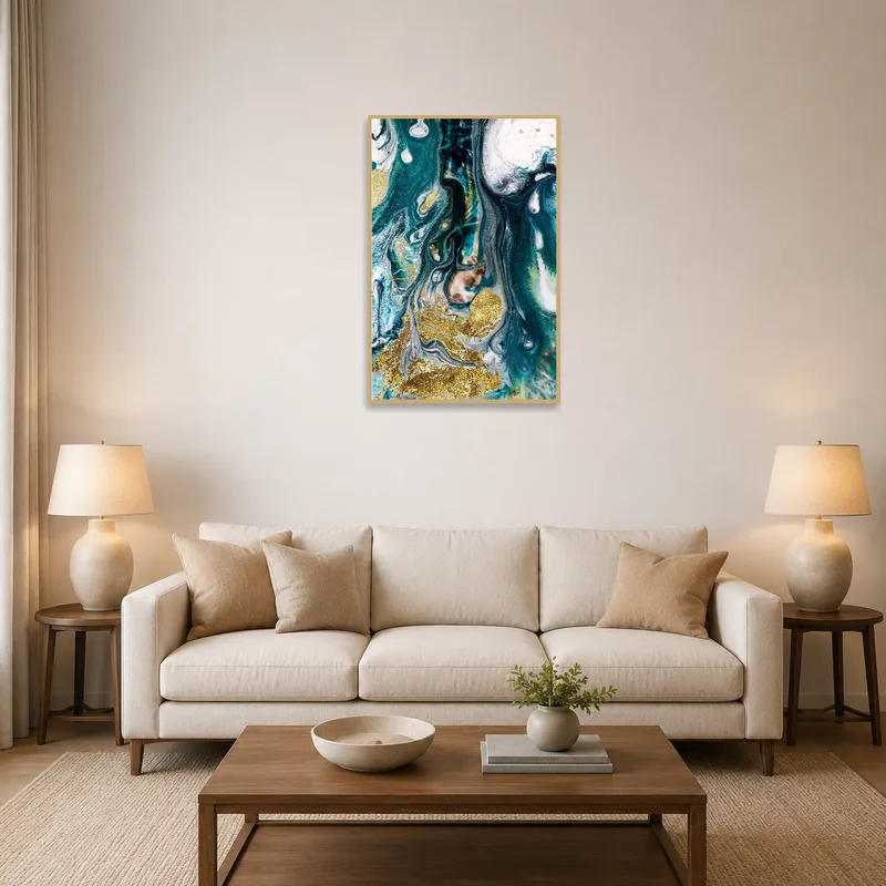 Vibrant ocean-inspired fluid art adding color above a modern sofa in a living room.