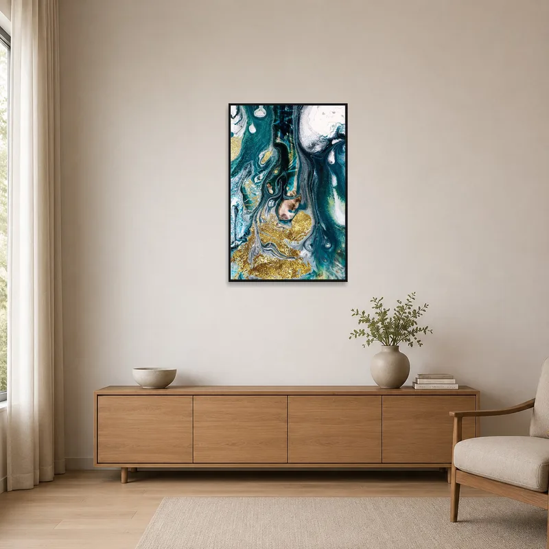 Ocean-inspired fluid art serving as the focal point in a sleek minimalist space.