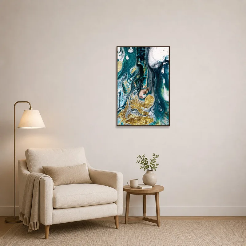 Abstract ocean fluid art creating a calming atmosphere in a cozy reading corner.
