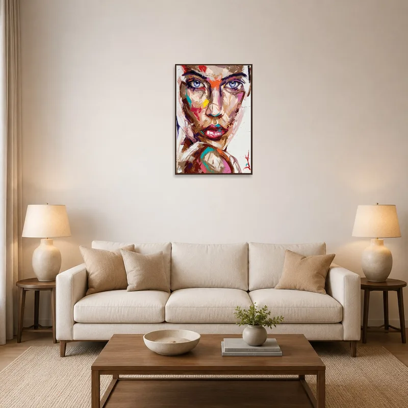 Art featuring a vibrant abstract portrait study displayed above a modern sofa in the living room.