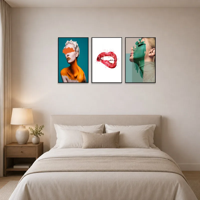 Bedroom wall adorned with a colorful abstract portrait collection.
