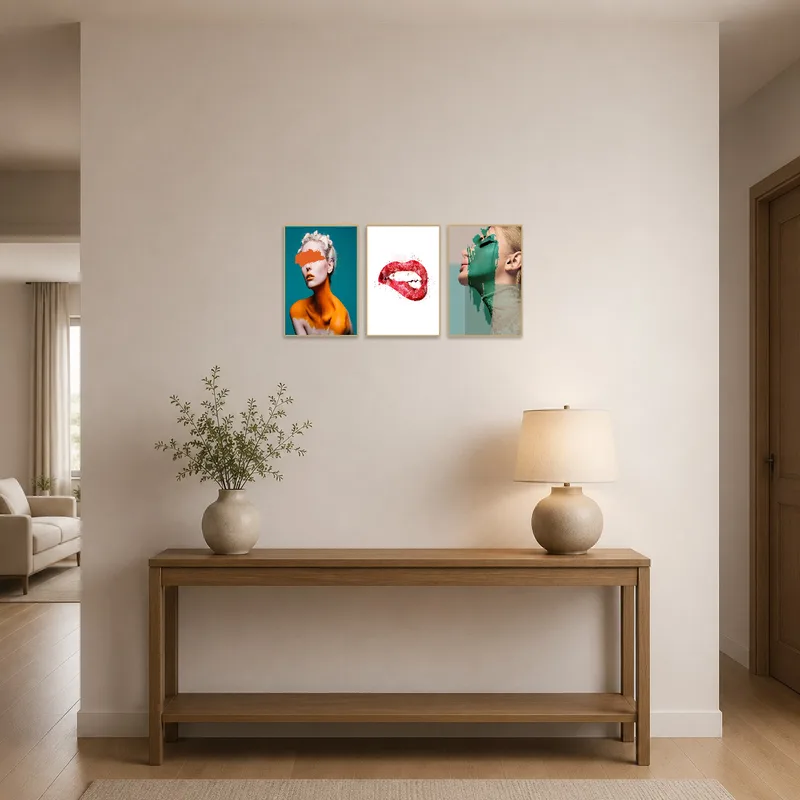 Entrance hall features a striking abstract portrait triptych.