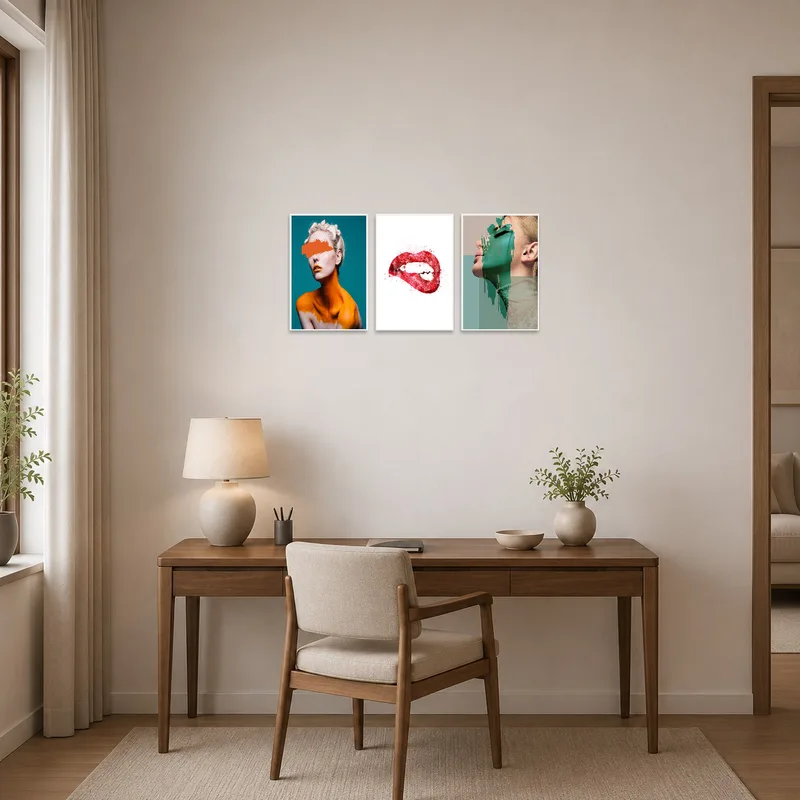Home office wall showcases a vivid abstract portrait triptych.