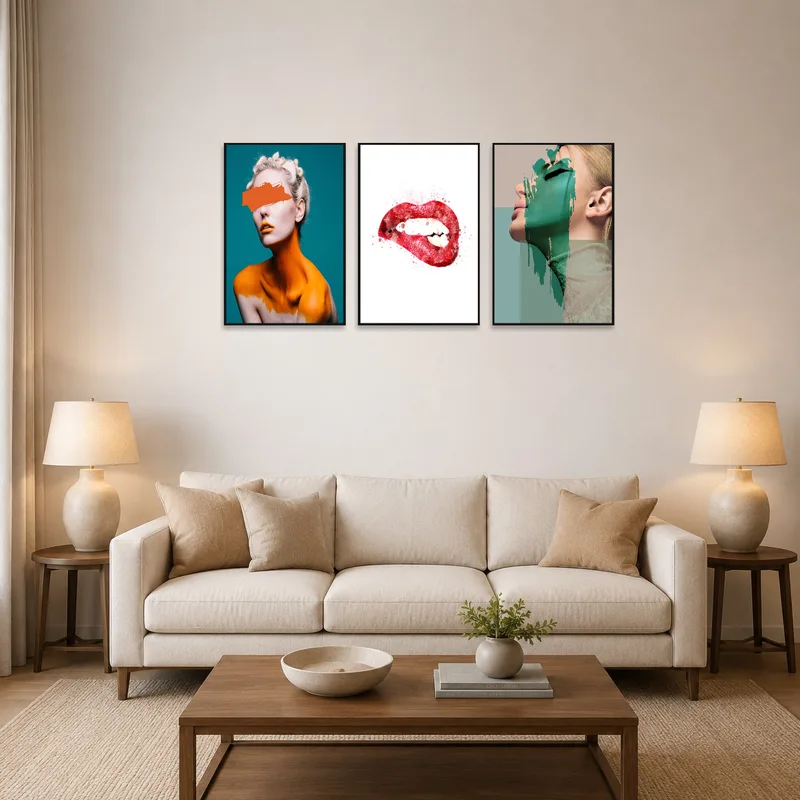 Vibrant abstract portrait triptych brightens up the living room wall.
