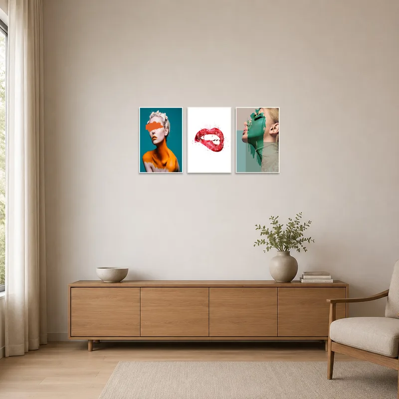 Minimalist room enhanced by colorful abstract portrait triptych.