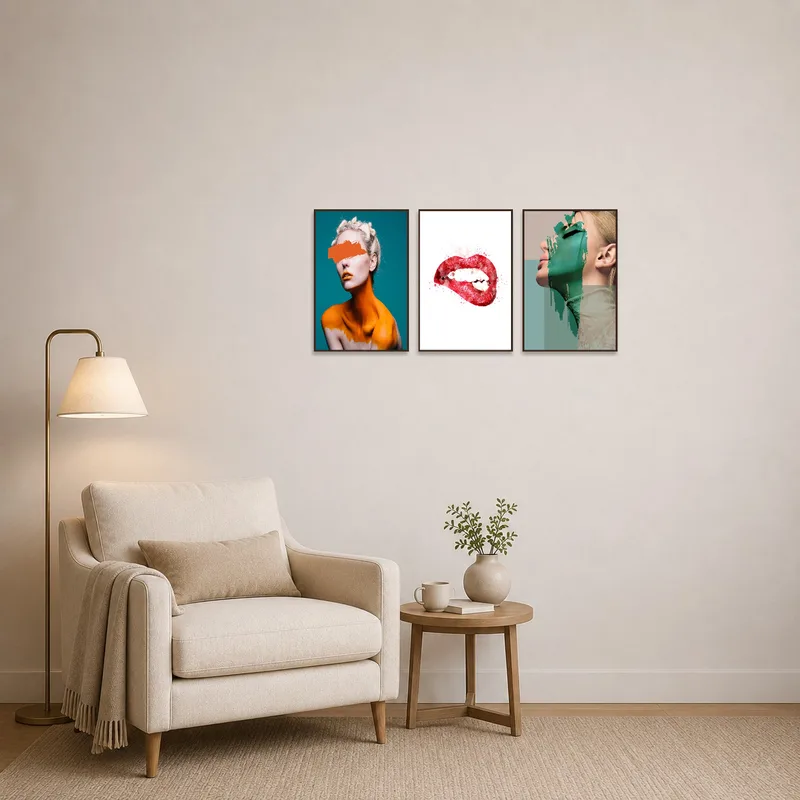 Reading corner enlivened by vibrant abstract portrait triptych.