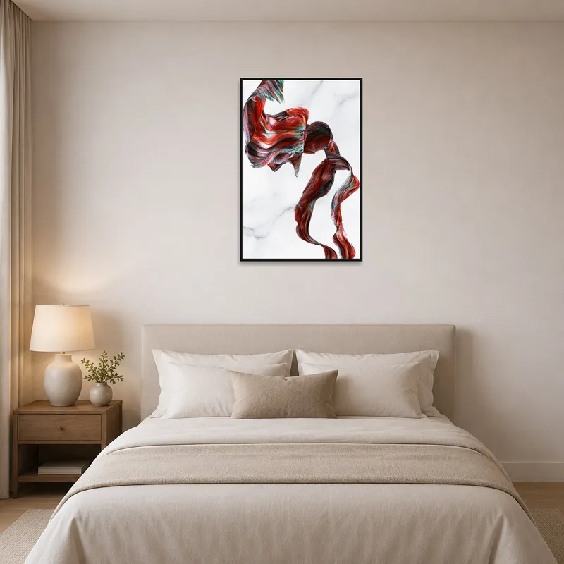 Abstract ribbon design in a bedroom, adding elegance above the bed.