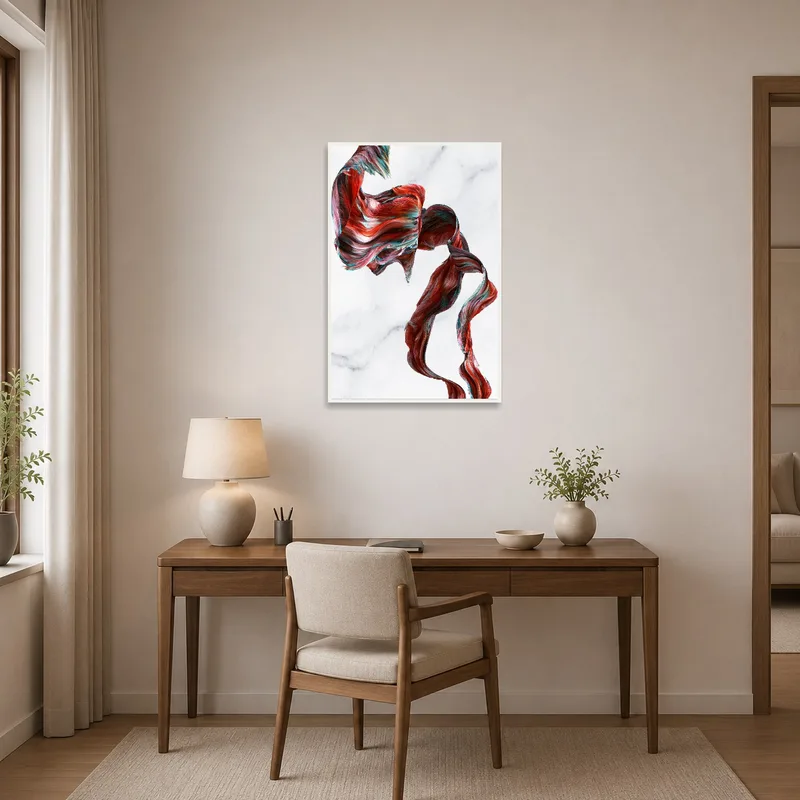 Home office energized with a vibrant abstract ribbon artwork on marble.