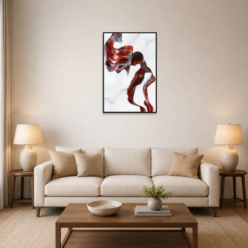Abstract ribbon artwork on marble in a living room above a modern sofa.
