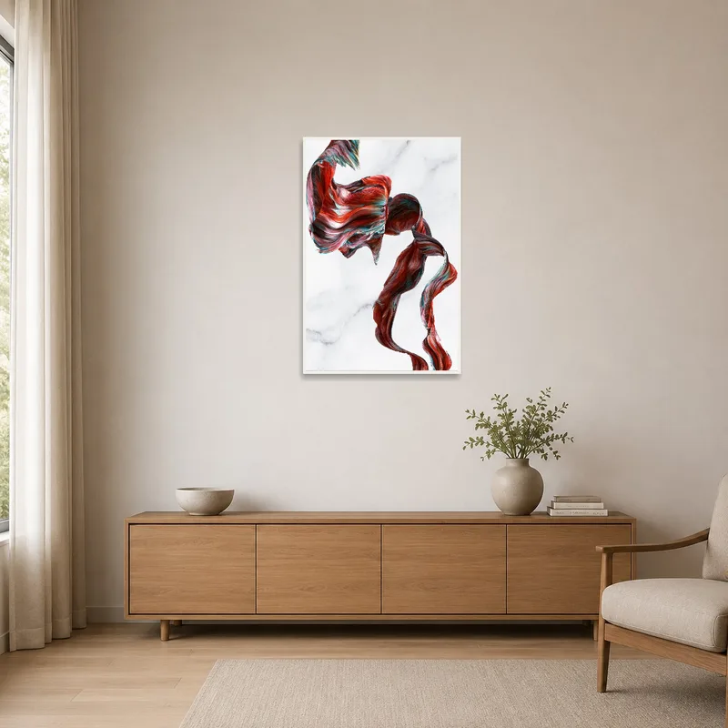 Minimalist room with ribbon and marble art providing color on plain walls.