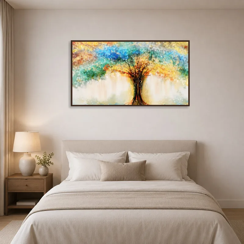 Vibrant abstract tree art hangs elegantly in a serene bedroom setting.