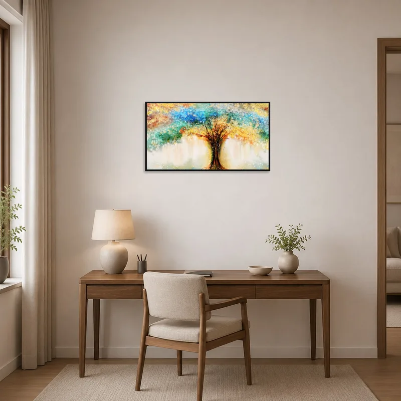 A lively abstract tree piece enlivens the home office's workspace wall.