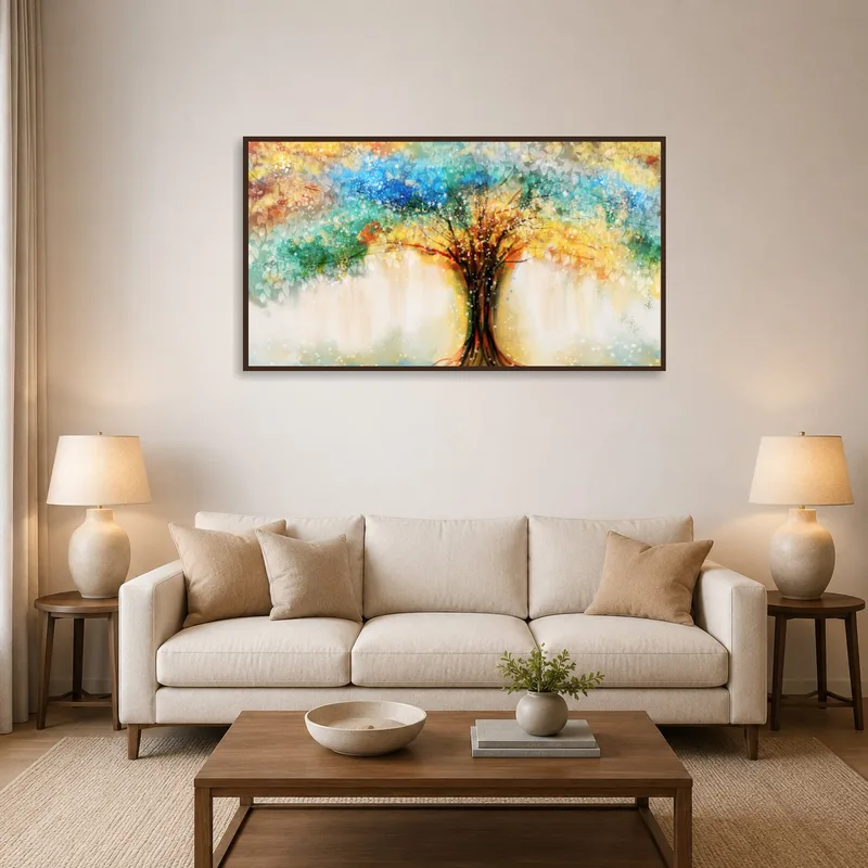 A vibrant abstract tree artwork on the living room wall above a modern sofa.