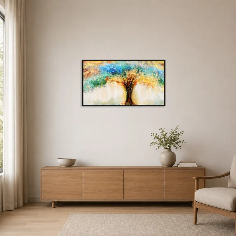 A minimalist room highlighting a bright abstract tree piece on a stark wall.