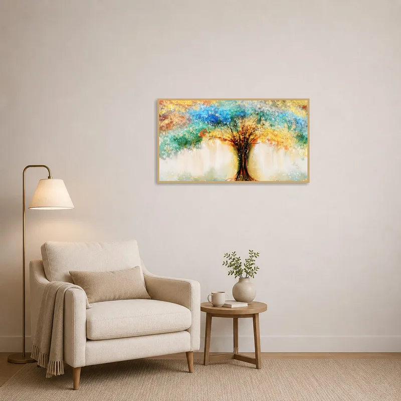 The bold abstract tree design adds color to a cozy reading corner.