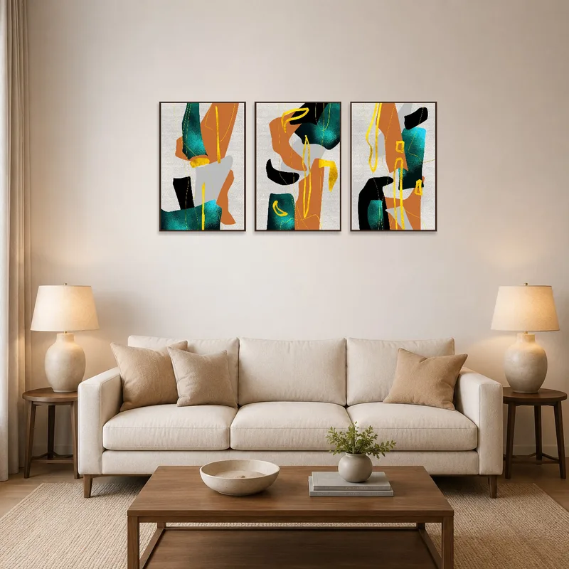 Vibrant abstract triptych with earthy tones on a living room wall over a modern sofa.