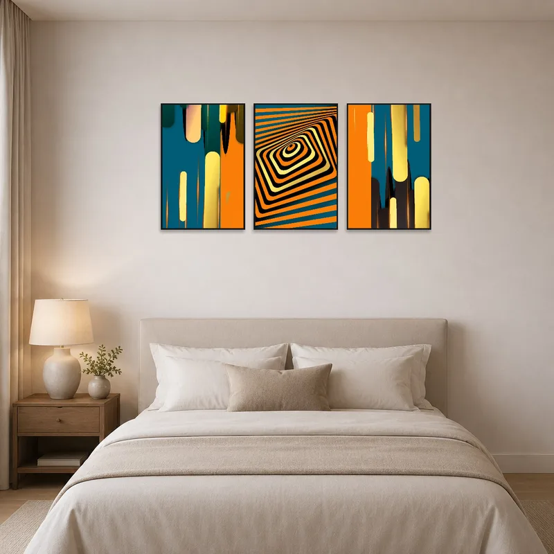 Geometric patterns of triptych bring tranquility and style to bedroom wall.