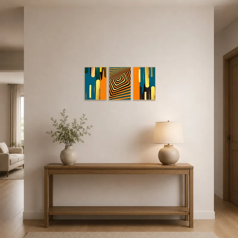Geometric triptych enhances entrance hall, adding a vibrant welcome to visitors.