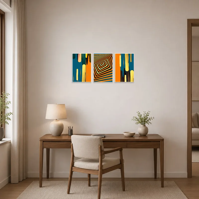 Colorful abstract piece with patterns enlivens the home office above desk.