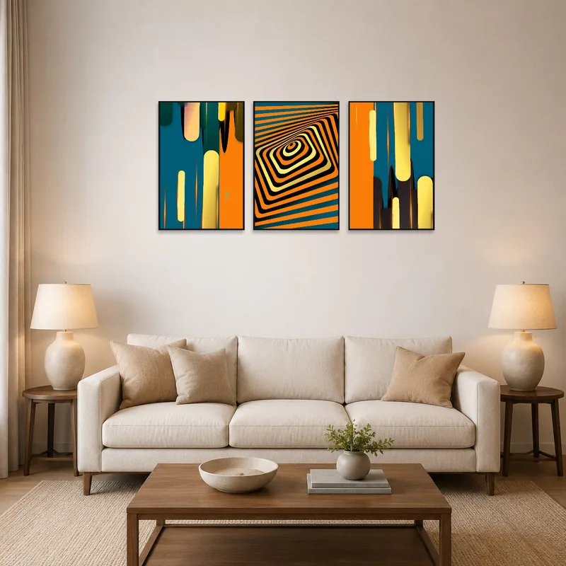 Triptych with geometric patterns adds color to living room above a modern sofa.