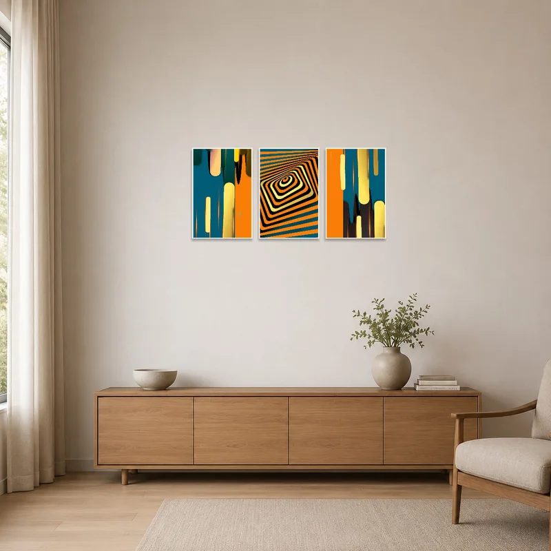 Abstract art with geometric designs complements the minimalist room's clean lines.