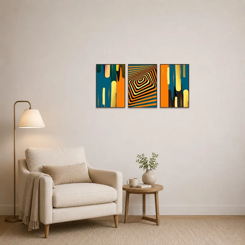 Vibrant abstract triptych energizes reading corner, creating a lively backdrop.